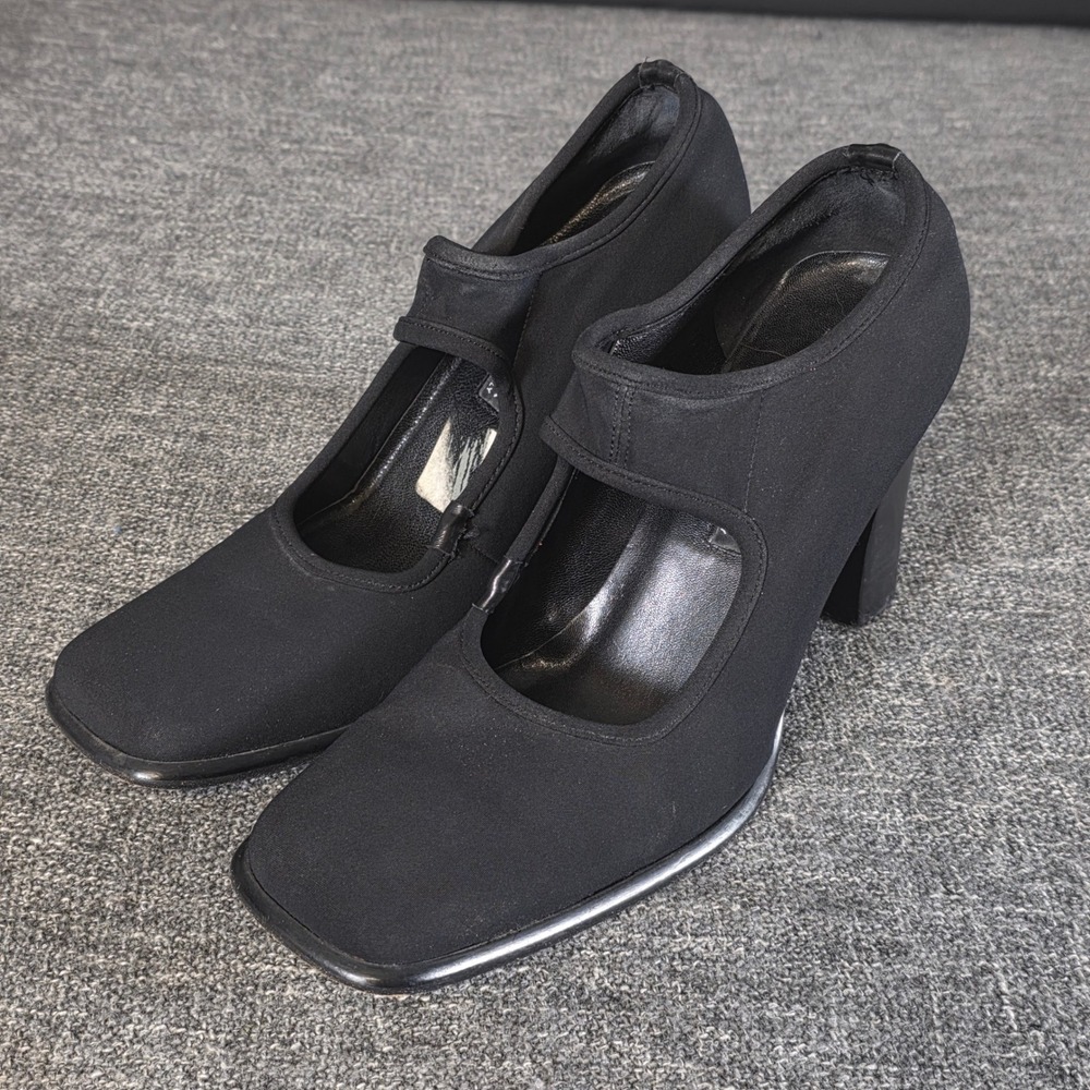 Via Spiga Pumps Womens 8.5 M Black Fabric Square Toe Cutout Block Heel Italy